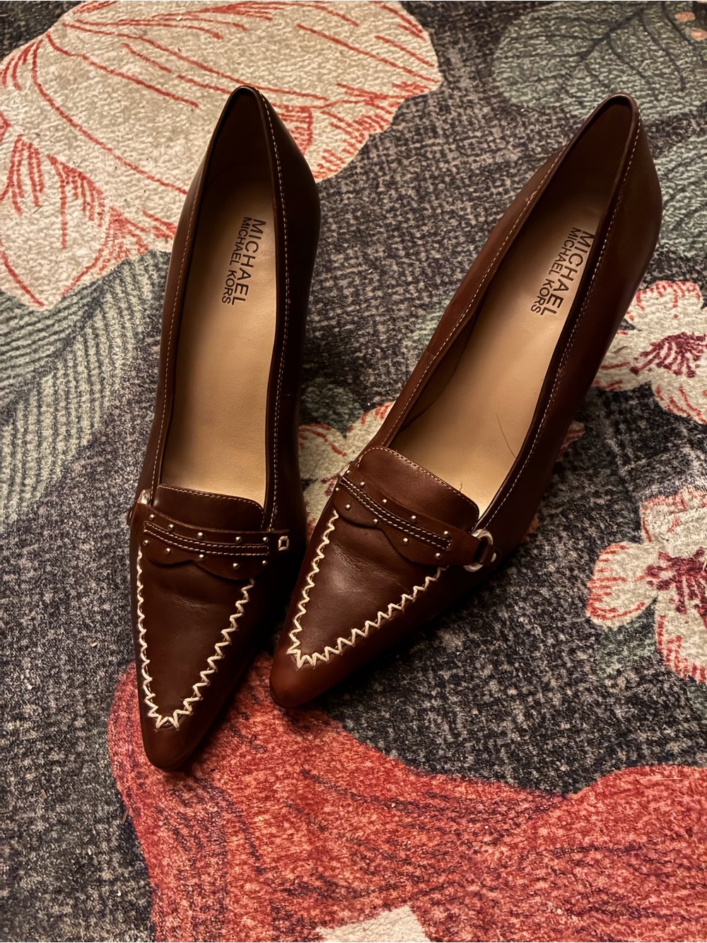 Michael Kors Brown Pointed Toe Leather Heels with Contrast Stitching